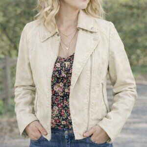 Bagatelle Ivory Faux Leather Moto Jacket Zippers, Large